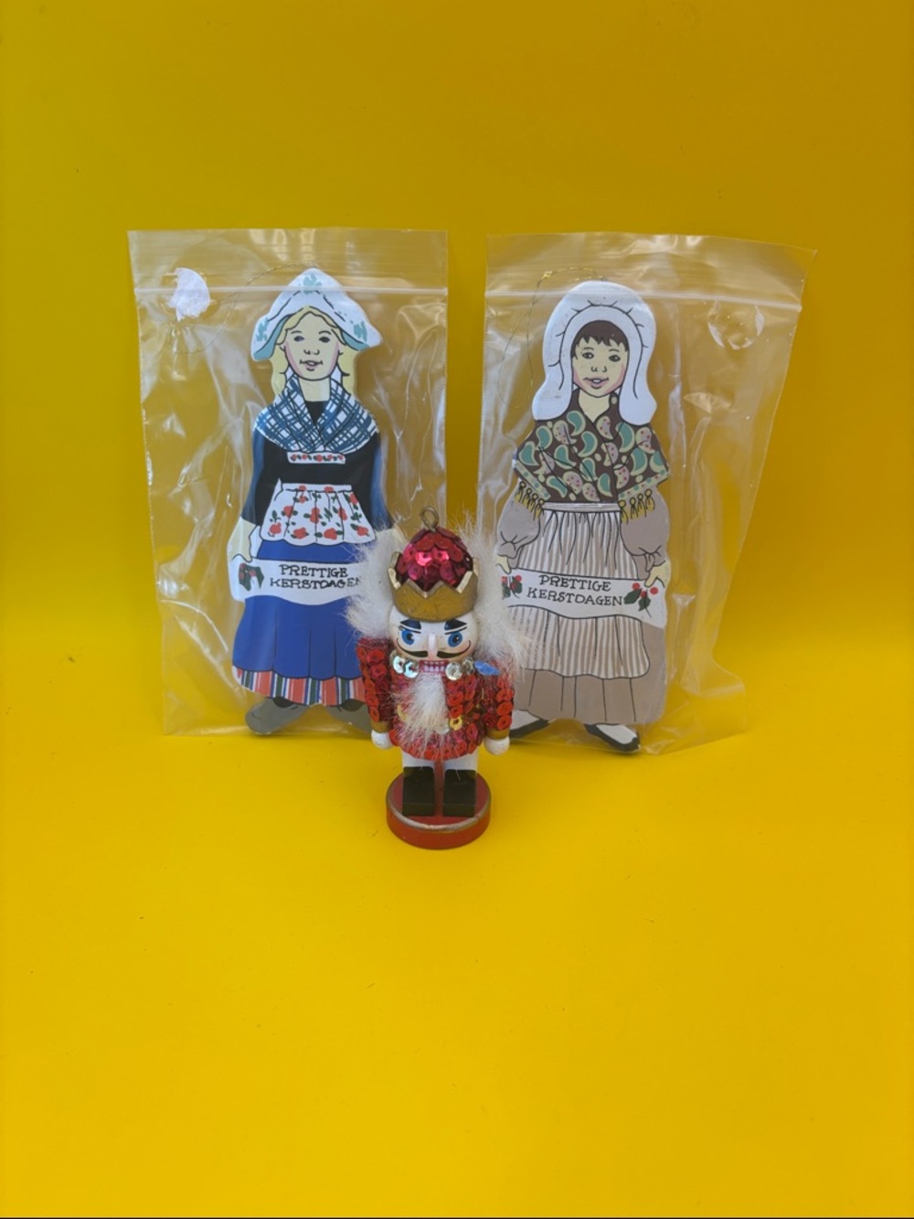 Festive Red Sequin Nutcracker Figurine with 2 Silvestri Dutch wooden ornaments